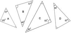 Four triangles of different sizes, each labelled with two interior angles.